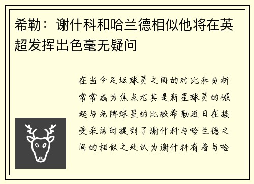 希勒：谢什科和哈兰德相似他将在英超发挥出色毫无疑问