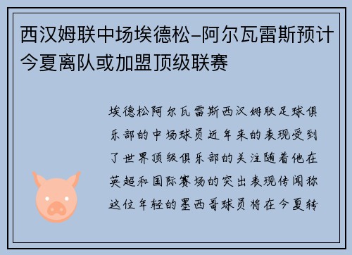 西汉姆联中场埃德松-阿尔瓦雷斯预计今夏离队或加盟顶级联赛